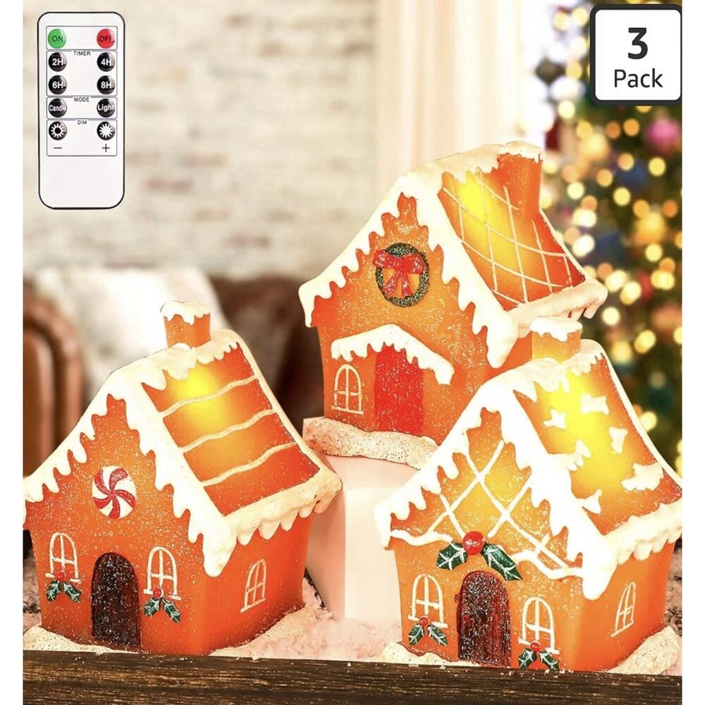 Christmas Gingerbread House Village Set of 3 LED Lighted Wax Houses w Remote